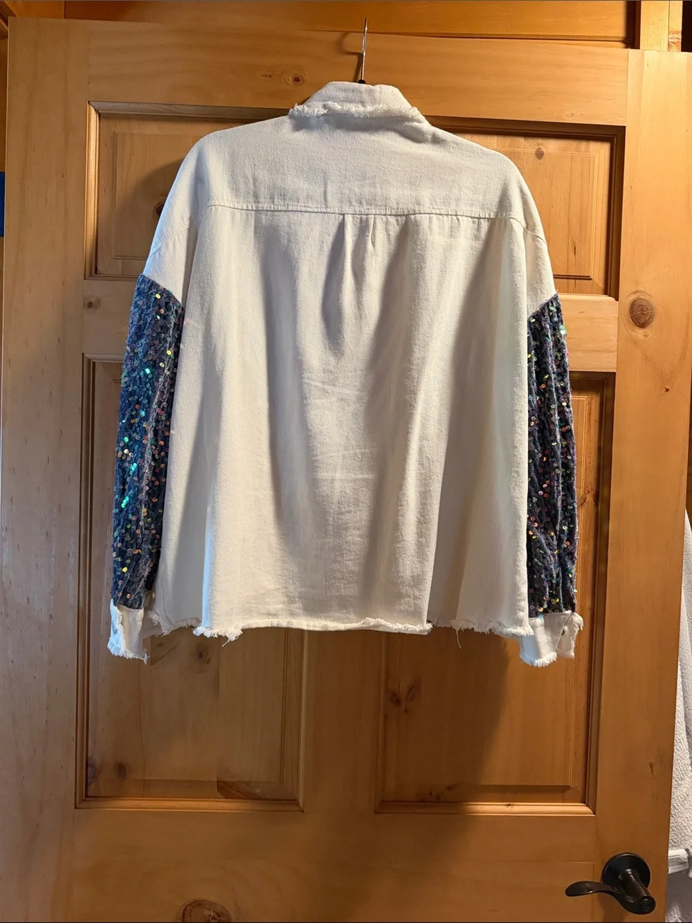Cream Jean Jacket with Multicolor Sequin Panels